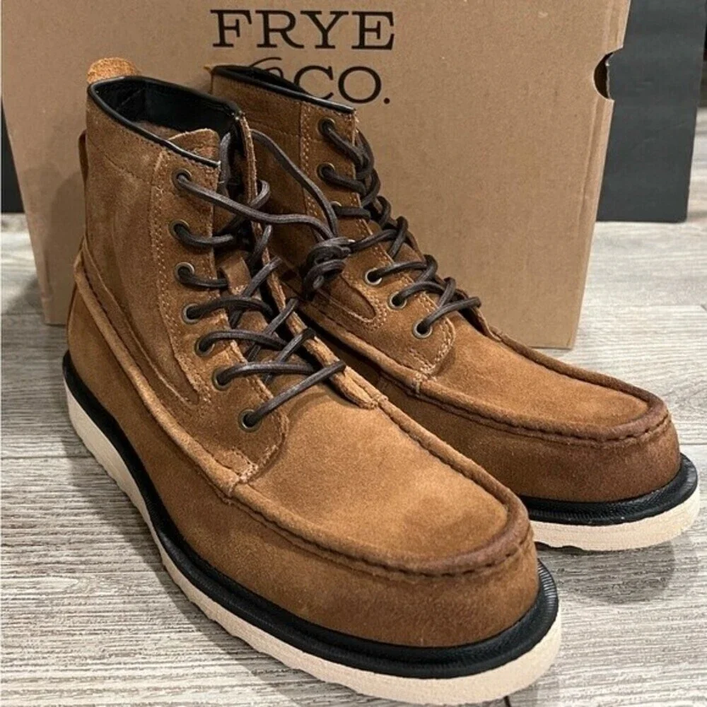 NWT Frye and Co Montana Waxed Suede Moc Toe Wedge Boots 9.5 M Tan Brown - Picture 6 of 11